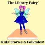 Logo for the Library Fairy; Kids Stories & Folktales- blue girl fairy with pink hair.